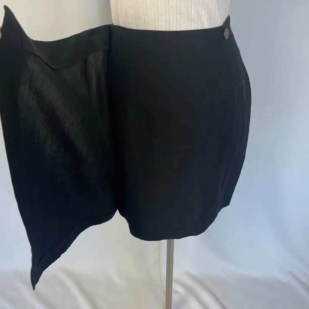 Vintage Pencil Skirt Size 6 Black Solid Faux Wrap Linen Minimal Academia Preppy